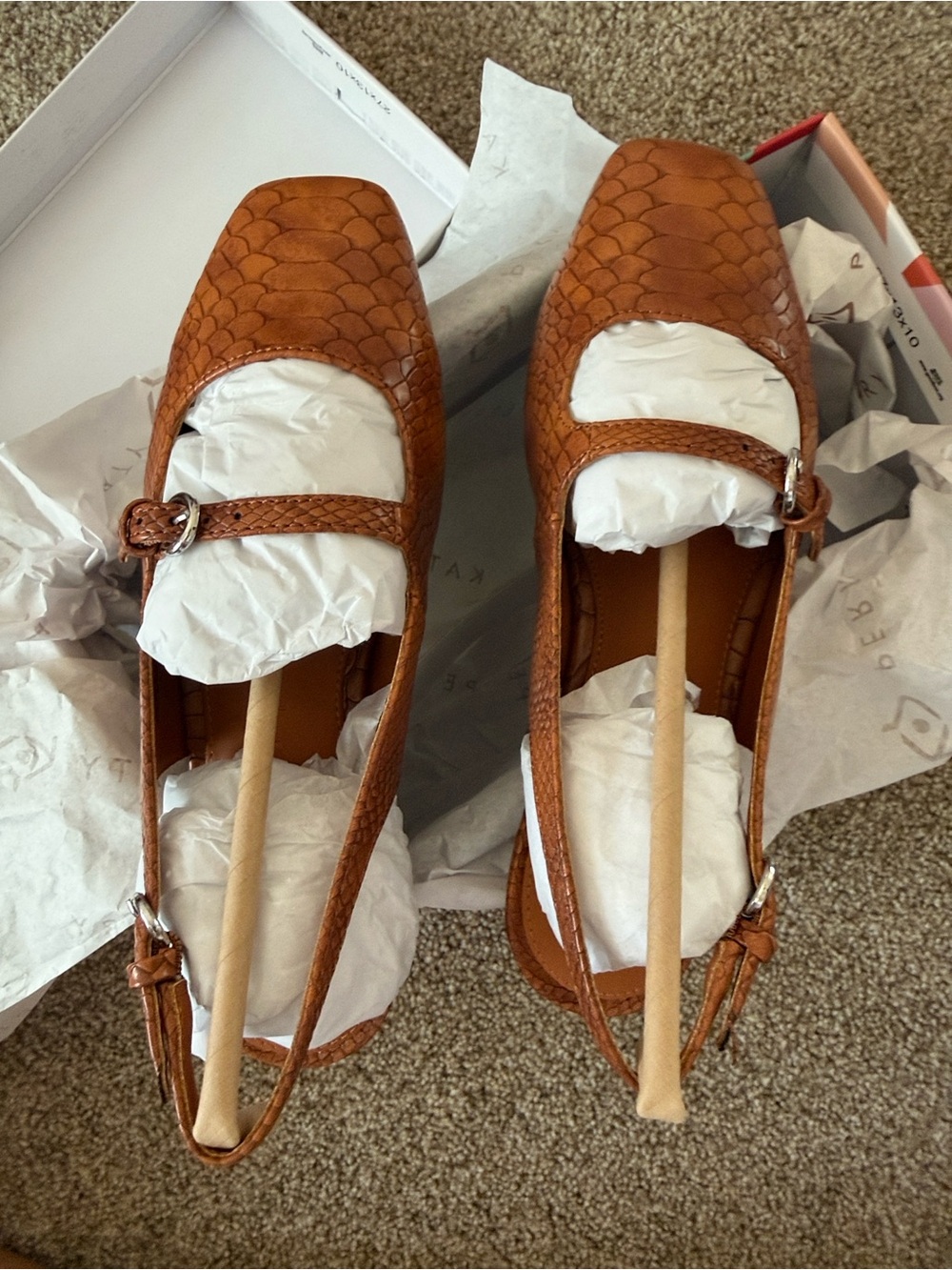 Katy Perry Collections Cognac Textured Square-Toe Buckle Flats